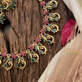 Vriksham Exquisite Floral Peacock AD Stone Short Neckpiece-Red Green-G17930